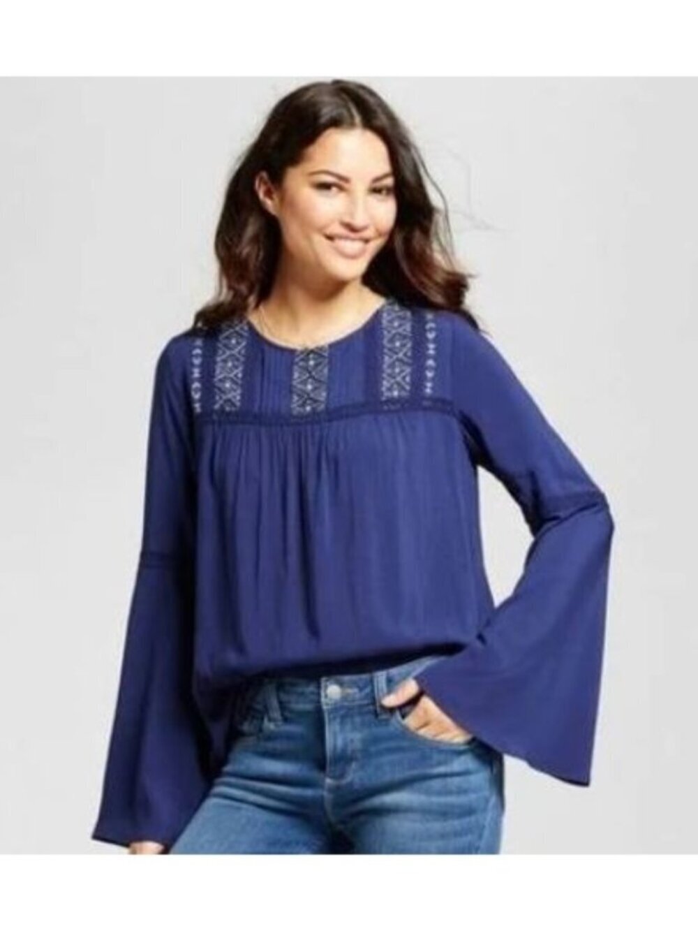 Knox Rose Navy Blue Embroidered Aztec Boho Chic Bell Sleeve Top Women Size XL